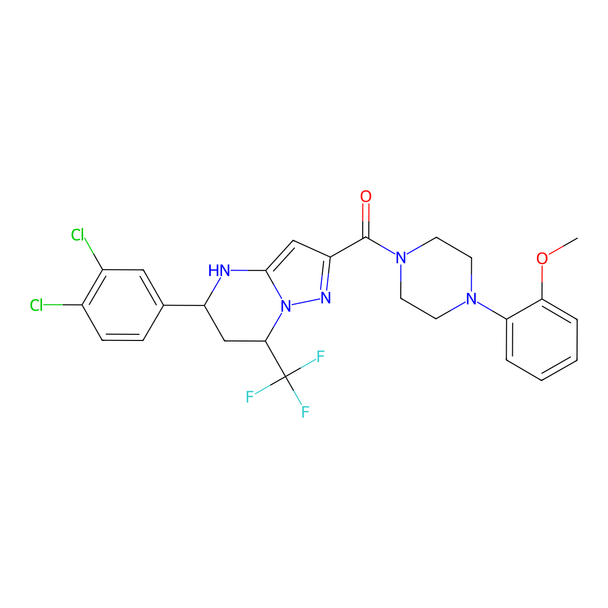 (5-(3,4-Dichlorophenyl)-7-(trifluoromethyl)-4,5,6,7-tetrahydropyrazolo[1,5-a]pyrimidin-2-yl)(4-(2-methoxyphenyl)piperazin-1-yl)methanone molecular structure, CAS 380559-70-6