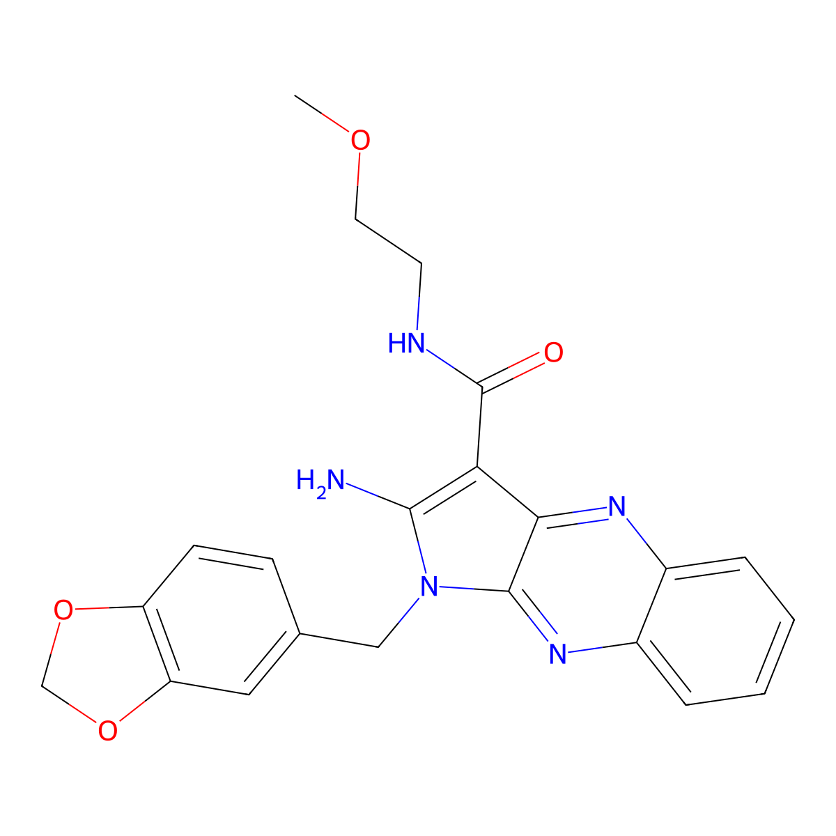2-amino-1-(benzo[d][1,3]dioxol-5-ylmethyl)-N-(2-methoxyethyl)-1H-pyrrolo[2,3-b]quinoxaline-3-carboxamide molecular structure, CAS 380566-79-0