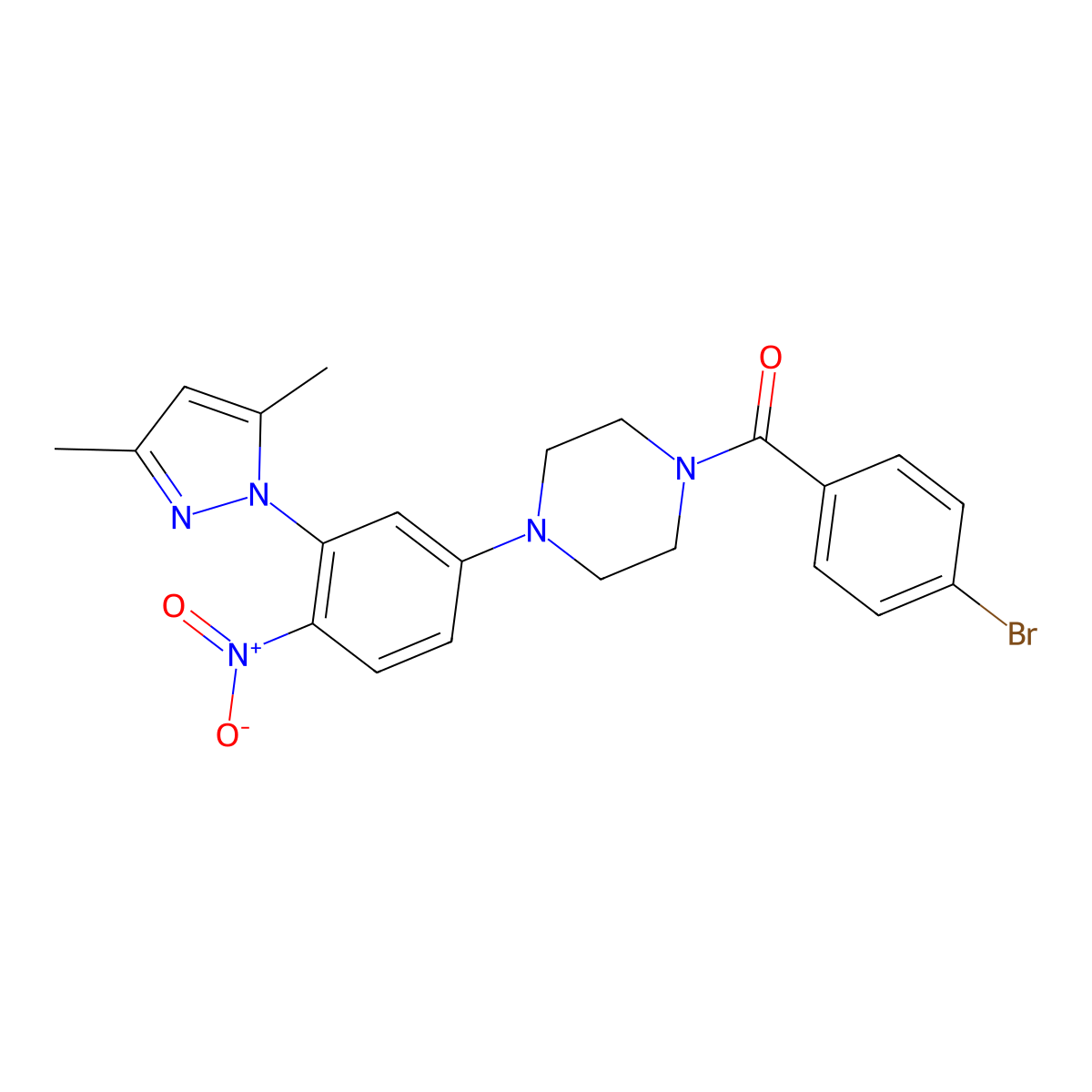 (4-Bromophenyl)-[4-[3-(3,5-dimethylpyrazol-1-yl)-4-nitrophenyl]piperazin-1-yl]methanone molecular structure, CAS 380566-94-9
