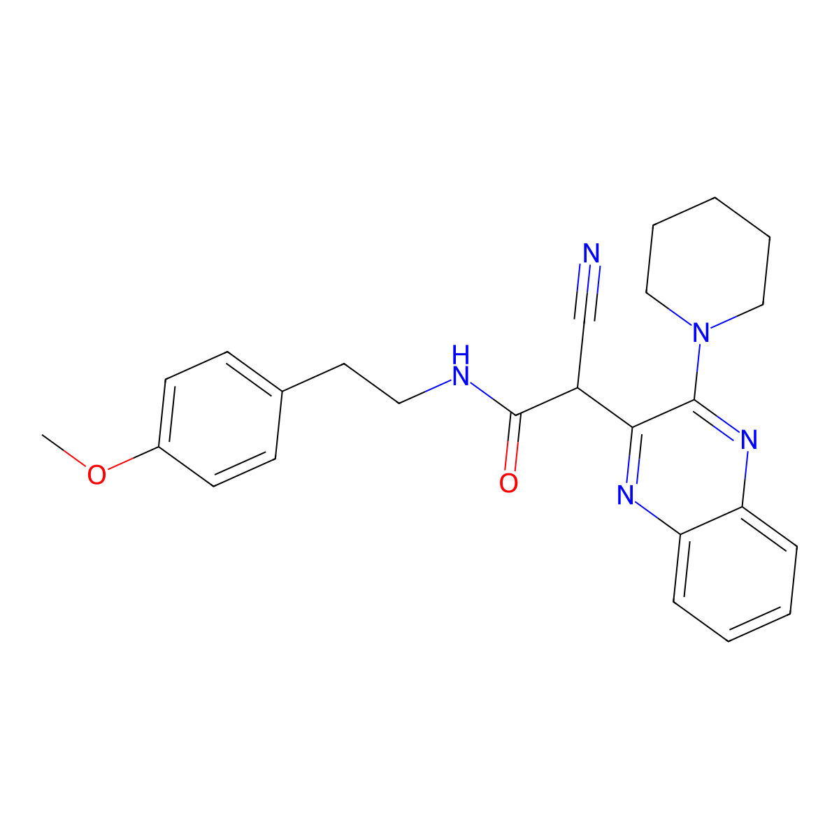 2-cyano-N-(4-methoxyphenethyl)-2-(3-(piperidin-1-yl)quinoxalin-2-yl)acetamide molecular structure, CAS 380568-69-4