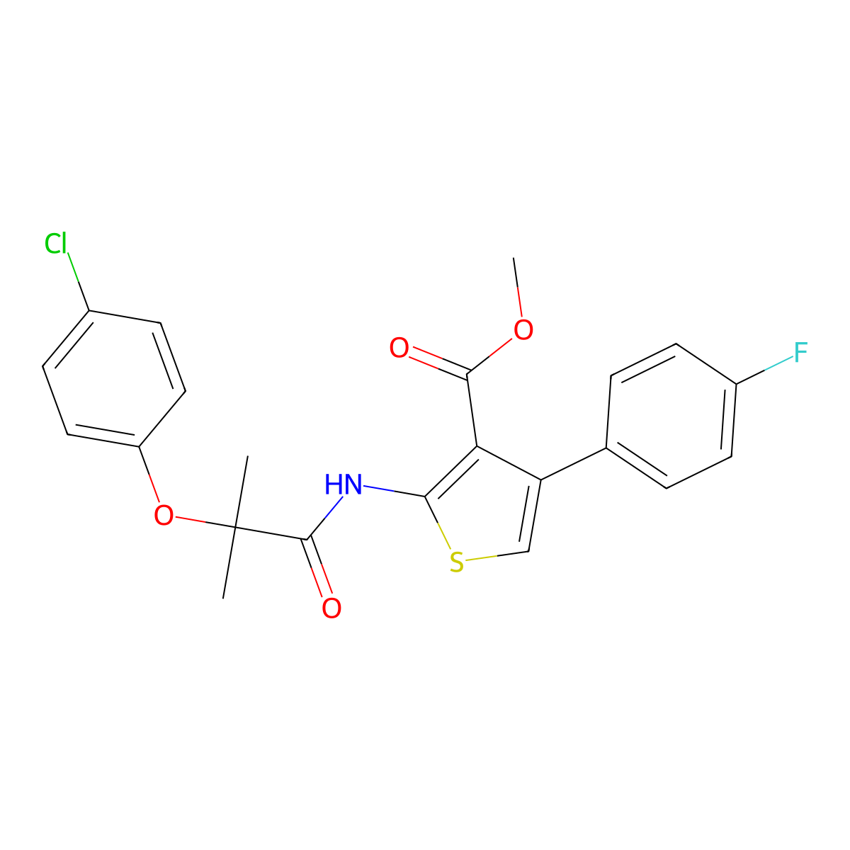 Methyl 2-{[2-(4-chlorophenoxy)-2-methylpropanoyl]amino}-4-(4-fluorophenyl)-3-thiophenecarboxylate molecular structure, CAS 380568-89-8