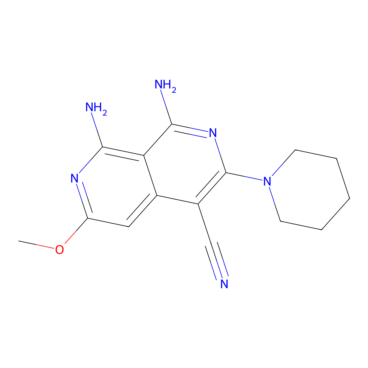 1,8-Diamino-6-methoxy-3-piperidin-1-yl-2,7-naphthyridine-4-carbonitrile molecular structure, CAS 380570-19-4