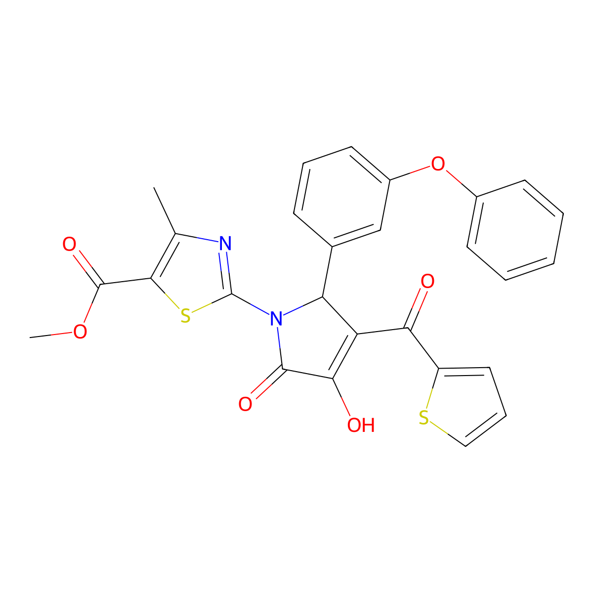 methyl 2-[3-hydroxy-2-oxo-5-(3-phenoxyphenyl)-4-(thiophen-2-ylcarbonyl)-2,5-dihydro-1H-pyrrol-1-yl]-4-methyl-1,3-thiazole-5-carboxylate molecular structure, CAS 380570-95-6