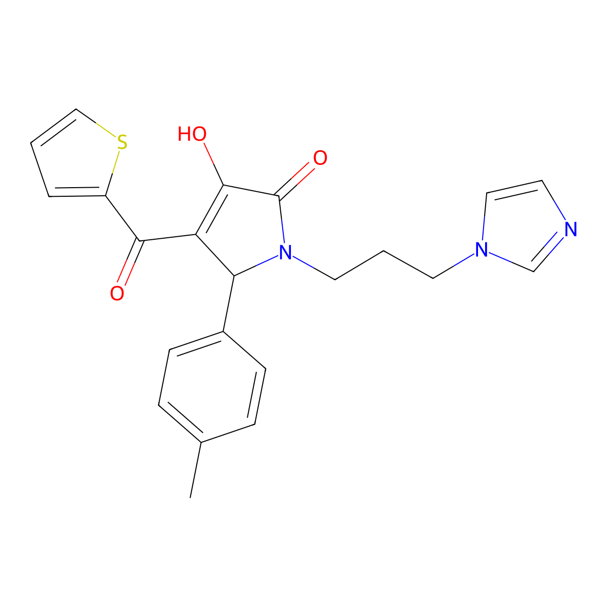 3-hydroxy-1-[3-(1H-imidazol-1-yl)propyl]-5-(4-methylphenyl)-4-(thiophen-2-ylcarbonyl)-1,5-dihydro-2H-pyrrol-2-one molecular structure, CAS 380571-34-6
