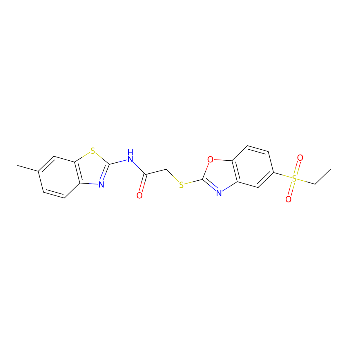 2-{[5-(ethanesulfonyl)-1,3-benzoxazol-2-yl]sulfanyl}-N-(6-methyl-1,3-benzothiazol-2-yl)acetamide molecular structure, CAS 380572-29-2