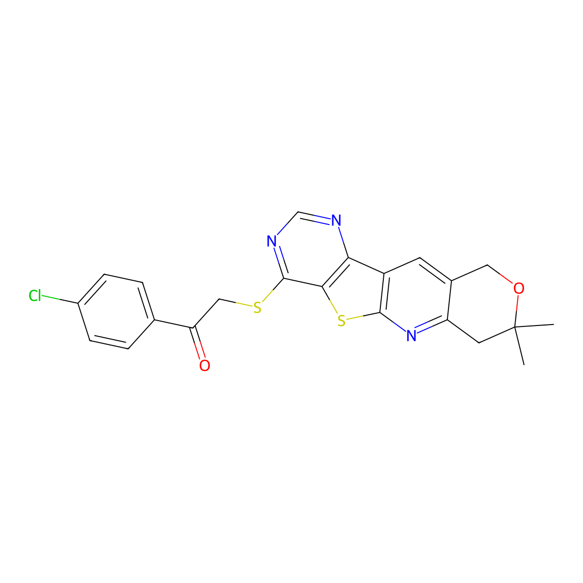 1-(4-chlorophenyl)-2-((8,8-dimethyl-8,10-dihydro-7H-pyrano[3'',4'':5',6']pyrido[3',2':4,5]thieno[3,2-d]pyrimidin-4-yl)thio)ethanone molecular structure, CAS 380572-67-8