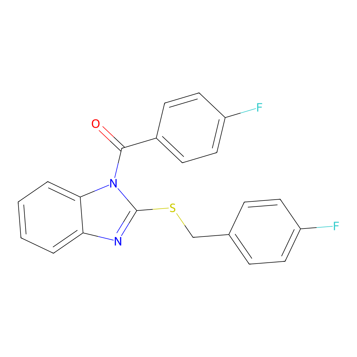 (4-Fluorophenyl)-[2-[(4-fluorophenyl)methylsulfanyl]benzimidazol-1-yl]methanone molecular structure, CAS 380573-24-0