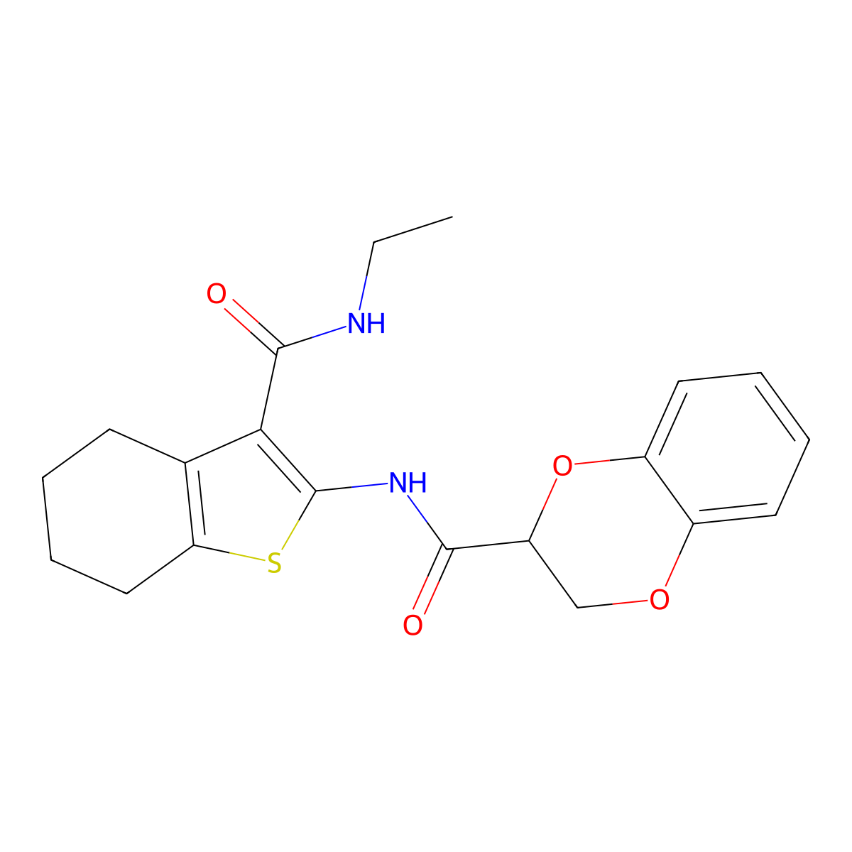 N-[3-(ethylcarbamoyl)-4,5,6,7-tetrahydro-1-benzothiophen-2-yl]-2,3-dihydro-1,4-benzodioxine-2-carboxamide molecular structure, CAS 380579-34-0