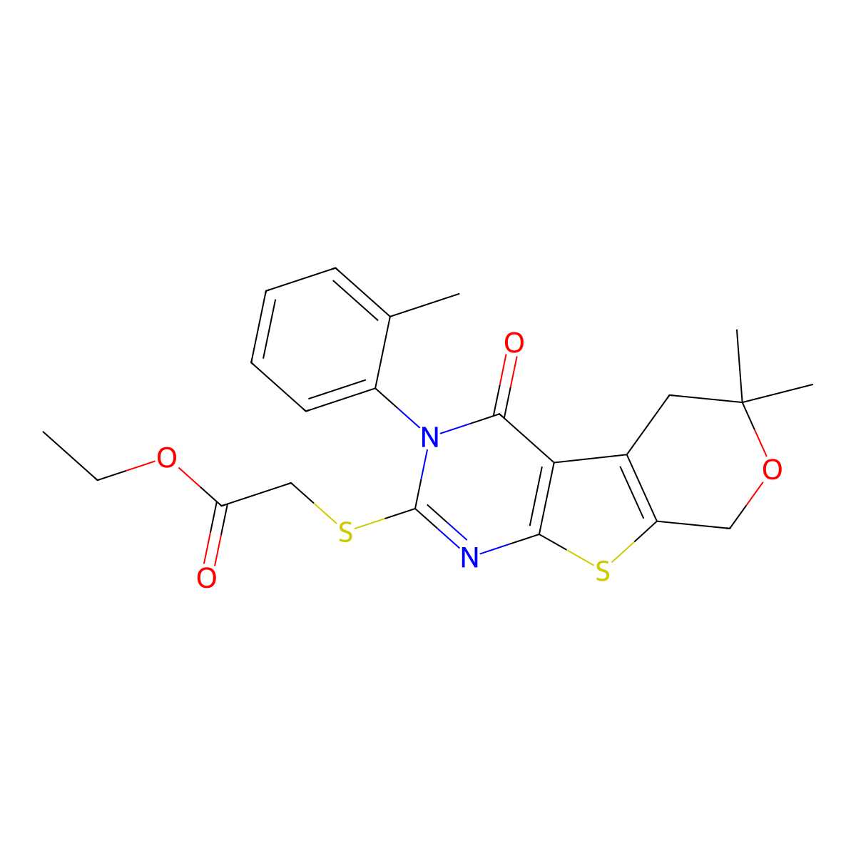 Ethyl 2-[[6,6-dimethyl-3-(2-methylphenyl)-4-oxo-5,8-dihydropyrano[2,3]thieno[2,4-b]pyrimidin-2-yl]sulfanyl]acetate molecular structure, CAS 380581-50-0