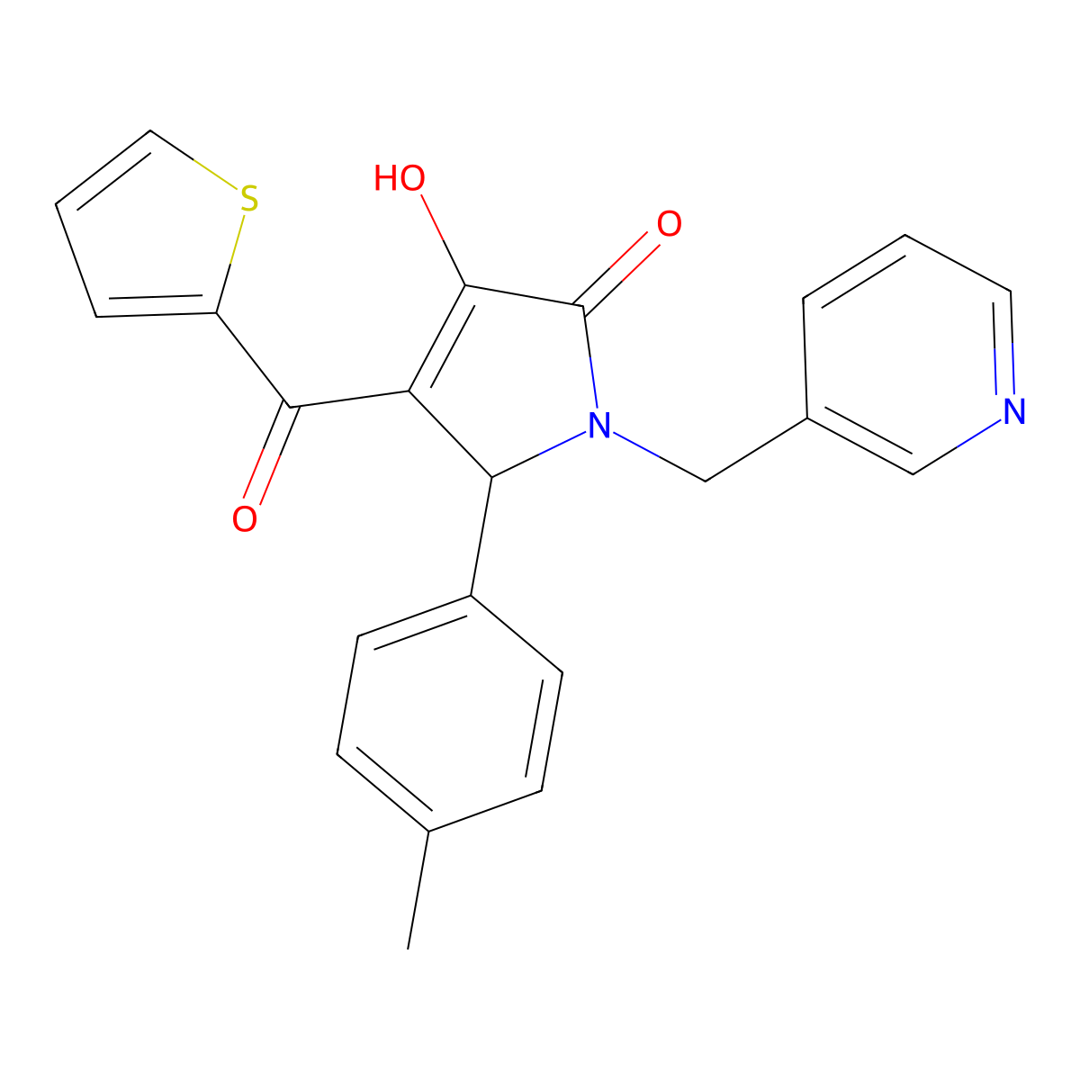 3-hydroxy-5-(4-methylphenyl)-1-(pyridin-3-ylmethyl)-4-(thiophen-2-ylcarbonyl)-1,5-dihydro-2H-pyrrol-2-one molecular structure, CAS 380581-83-9