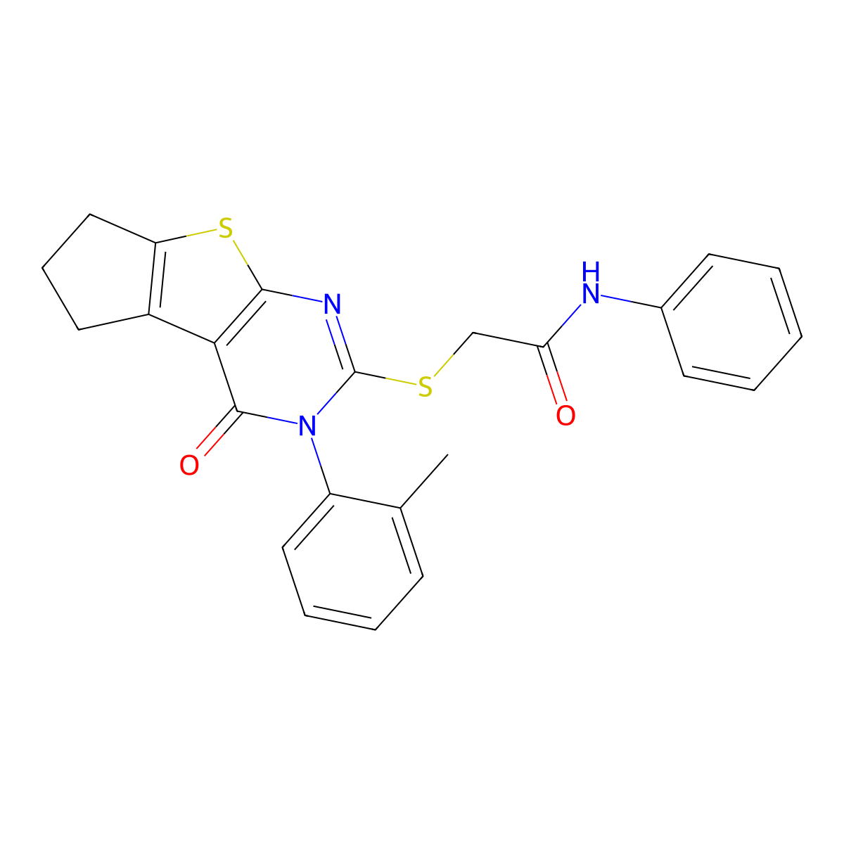 2-{[3-(2-methylphenyl)-4-oxo-3,5,6,7-tetrahydro-4H-cyclopenta[4,5]thieno[2,3-d]pyrimidin-2-yl]sulfanyl}-N-phenylacetamide molecular structure, CAS 380582-14-9