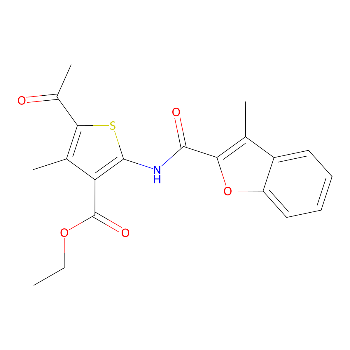 Ethyl 5-acetyl-4-methyl-2-{[(3-methyl-1-benzofuran-2-yl)carbonyl]amino}thiophene-3-carboxylate molecular structure, CAS 380582-34-3