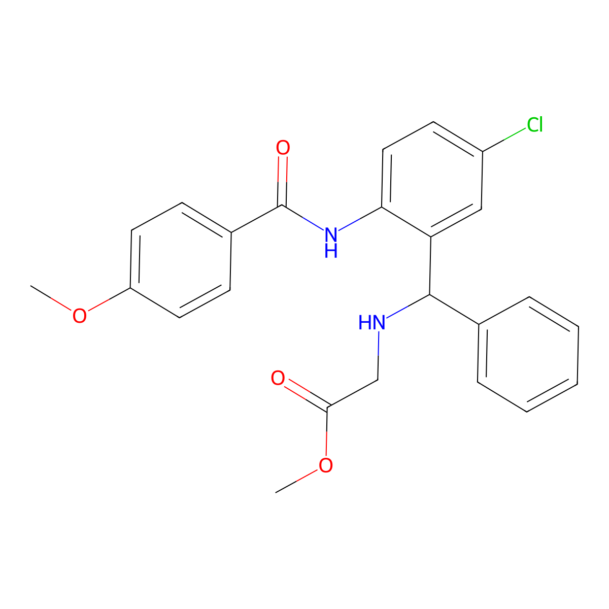 Methyl 2-(((5-chloro-2-(4-methoxybenzamido)phenyl)(phenyl)methyl)amino)acetate molecular structure, CAS 380584-43-0