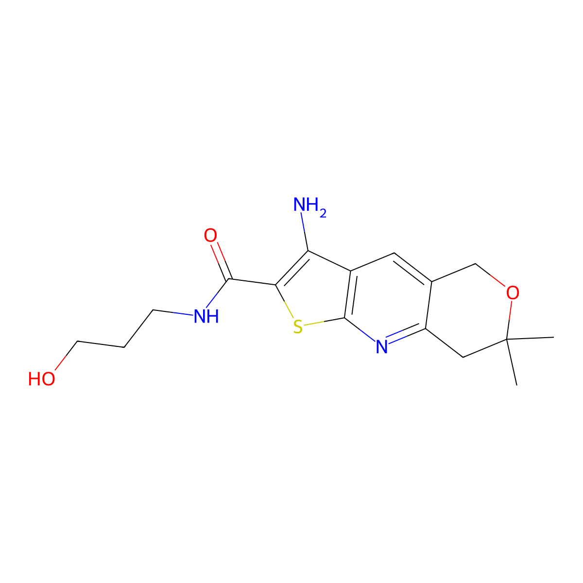 3-amino-N-(3-hydroxypropyl)-7,7-dimethyl-7,8-dihydro-5H-pyrano[4,3-b]thieno[3,2-e]pyridine-2-carboxamide molecular structure, CAS 380585-08-0