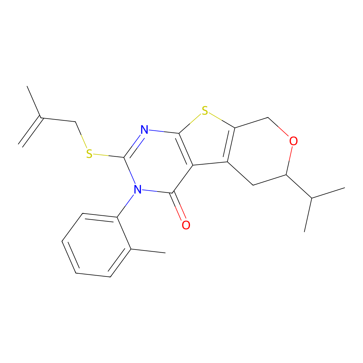 3-(2-methylphenyl)-2-[(2-methylprop-2-en-1-yl)sulfanyl]-6-(propan-2-yl)-3,5,6,8-tetrahydro-4H-pyrano[4',3':4,5]thieno[2,3-d]pyrimidin-4-one molecular structure, CAS 380585-75-1