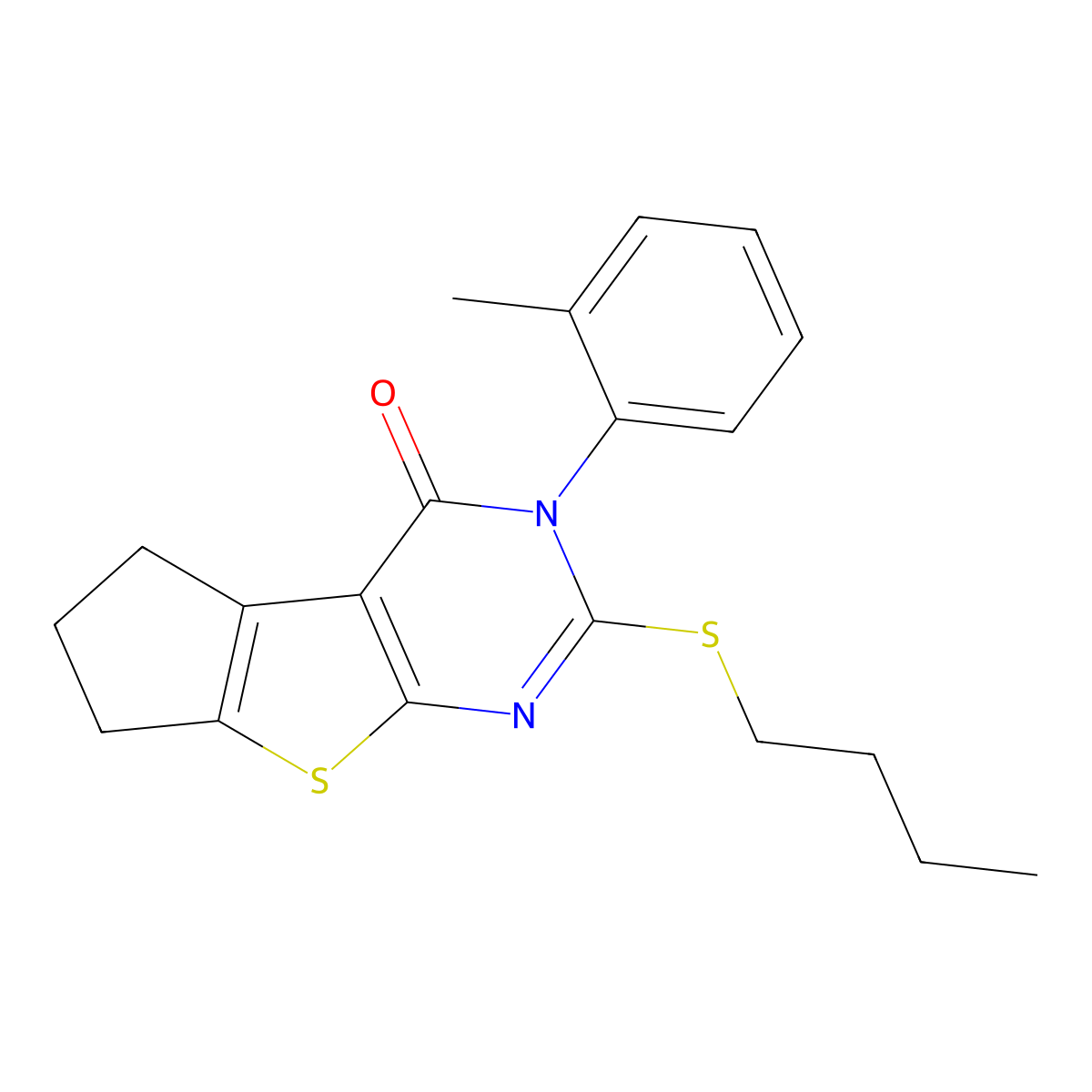 2-(butylsulfanyl)-3-(2-methylphenyl)-3,5,6,7-tetrahydro-4H-cyclopenta[4,5]thieno[2,3-d]pyrimidin-4-one molecular structure, CAS 380585-84-2