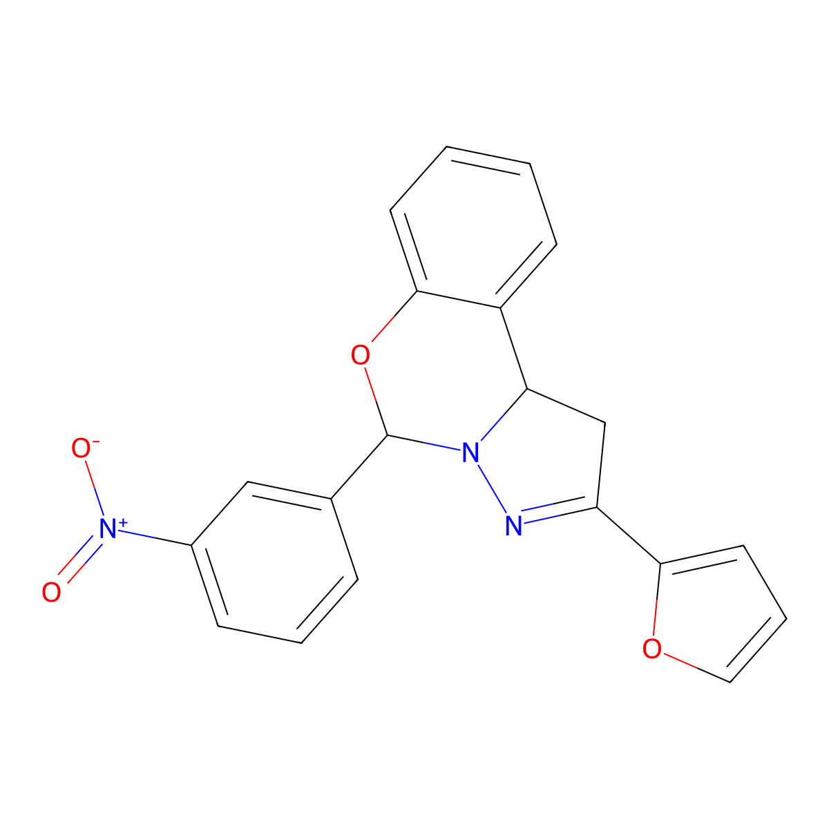 2-(furan-2-yl)-5-(3-nitrophenyl)-5,10b-dihydro-1H-pyrazolo[1,5-c][1,3]benzoxazine molecular structure, CAS 380588-05-6