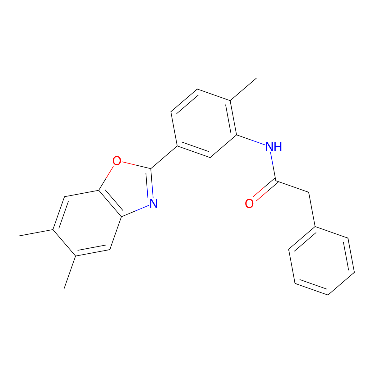 N-[5-(5,6-dimethyl-1,3-benzoxazol-2-yl)-2-methylphenyl]-2-phenylacetamide molecular structure, CAS 380588-57-8