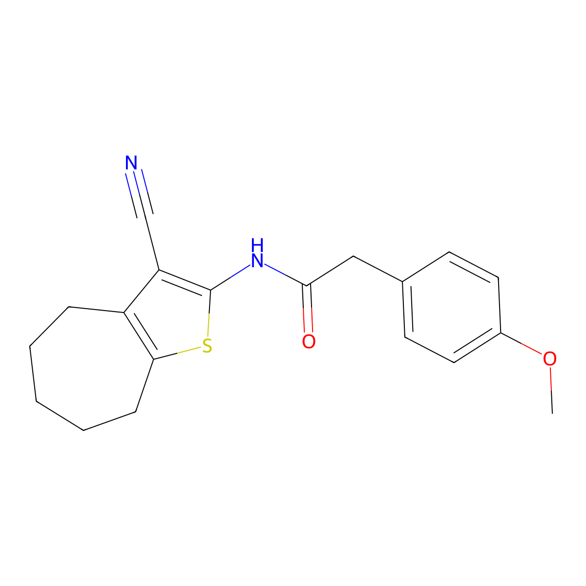 N-(3-cyano-5,6,7,8-tetrahydro-4H-cyclohepta[b]thiophen-2-yl)-2-(4-methoxyphenyl)acetamide molecular structure, CAS 380589-76-4