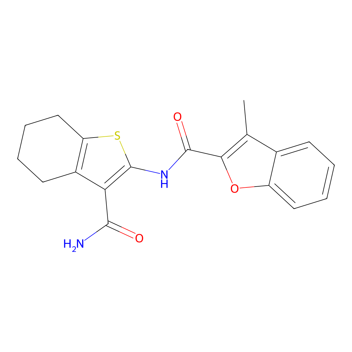 N-(3-carbamoyl-4,5,6,7-tetrahydro-1-benzothiophen-2-yl)-3-methyl-1-benzofuran-2-carboxamide molecular structure, CAS 380590-76-1