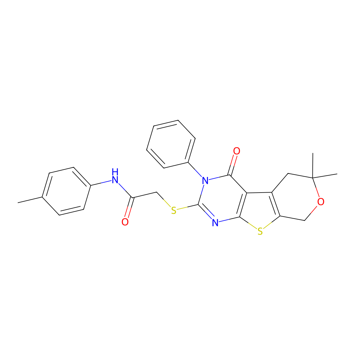 2-[(6,6-dimethyl-4-oxo-3-phenyl-5,8-dihydropyrano[2,3]thieno[2,4-b]pyrimidin-2-yl)sulfanyl]-N-(4-methylphenyl)acetamide molecular structure, CAS 380592-41-6
