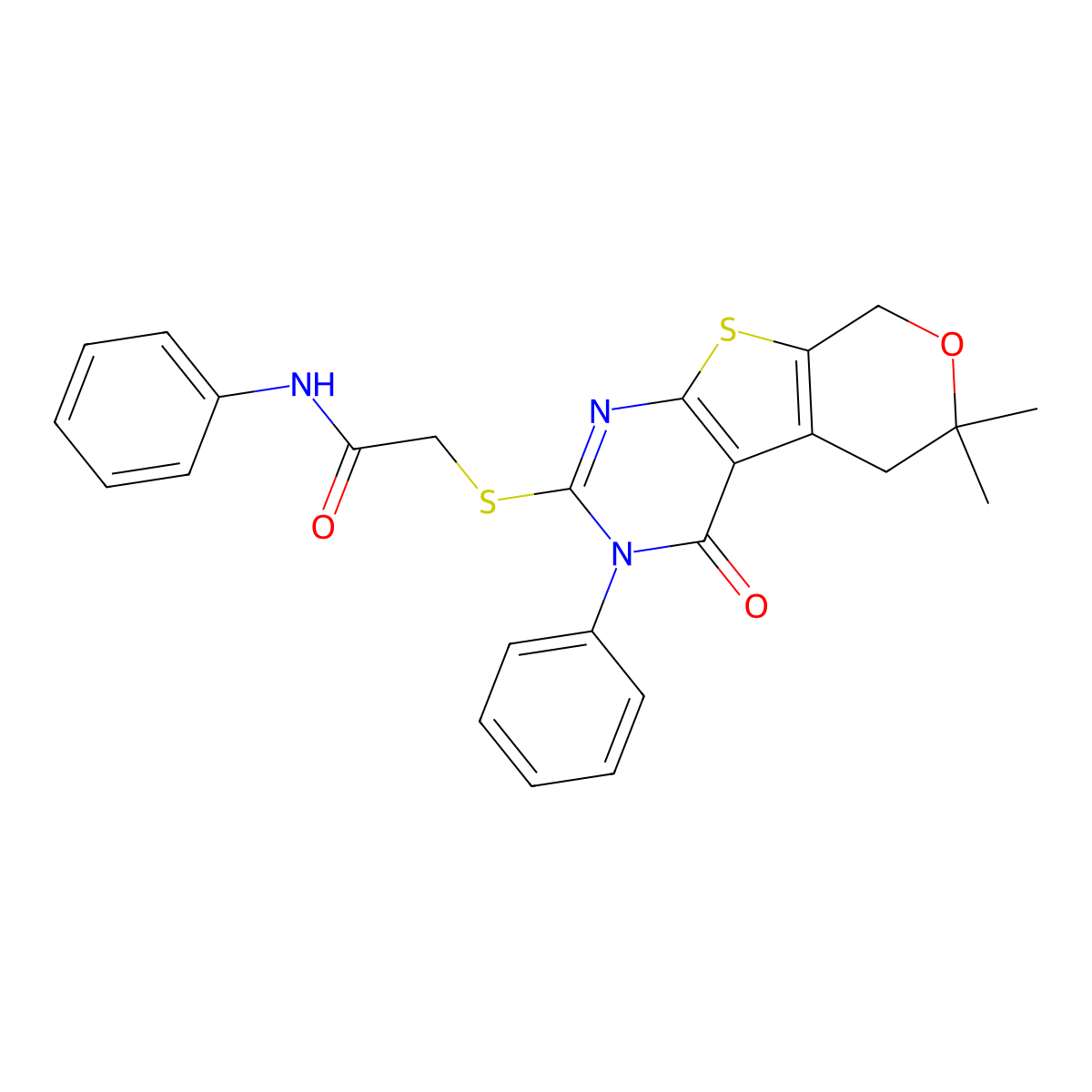 2-[(6,6-dimethyl-4-oxo-3-phenyl-5,8-dihydropyrano[2,3]thieno[2,4-b]pyrimidin-2-yl)sulfanyl]-N-phenylacetamide molecular structure, CAS 380592-79-0