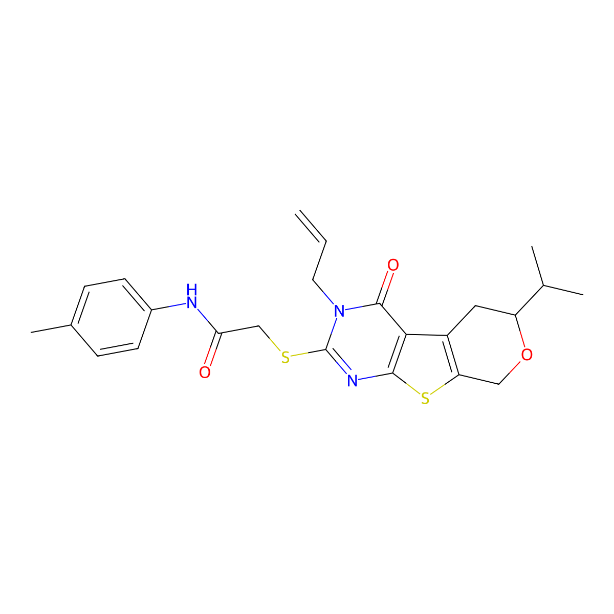 N-(4-methylphenyl)-2-[(4-oxo-6-propan-2-yl-3-prop-2-enyl-6,8-dihydro-5H-pyrano[2,3]thieno[2,4-b]pyrimidin-2-yl)sulfanyl]acetamide molecular structure, CAS 380593-33-9