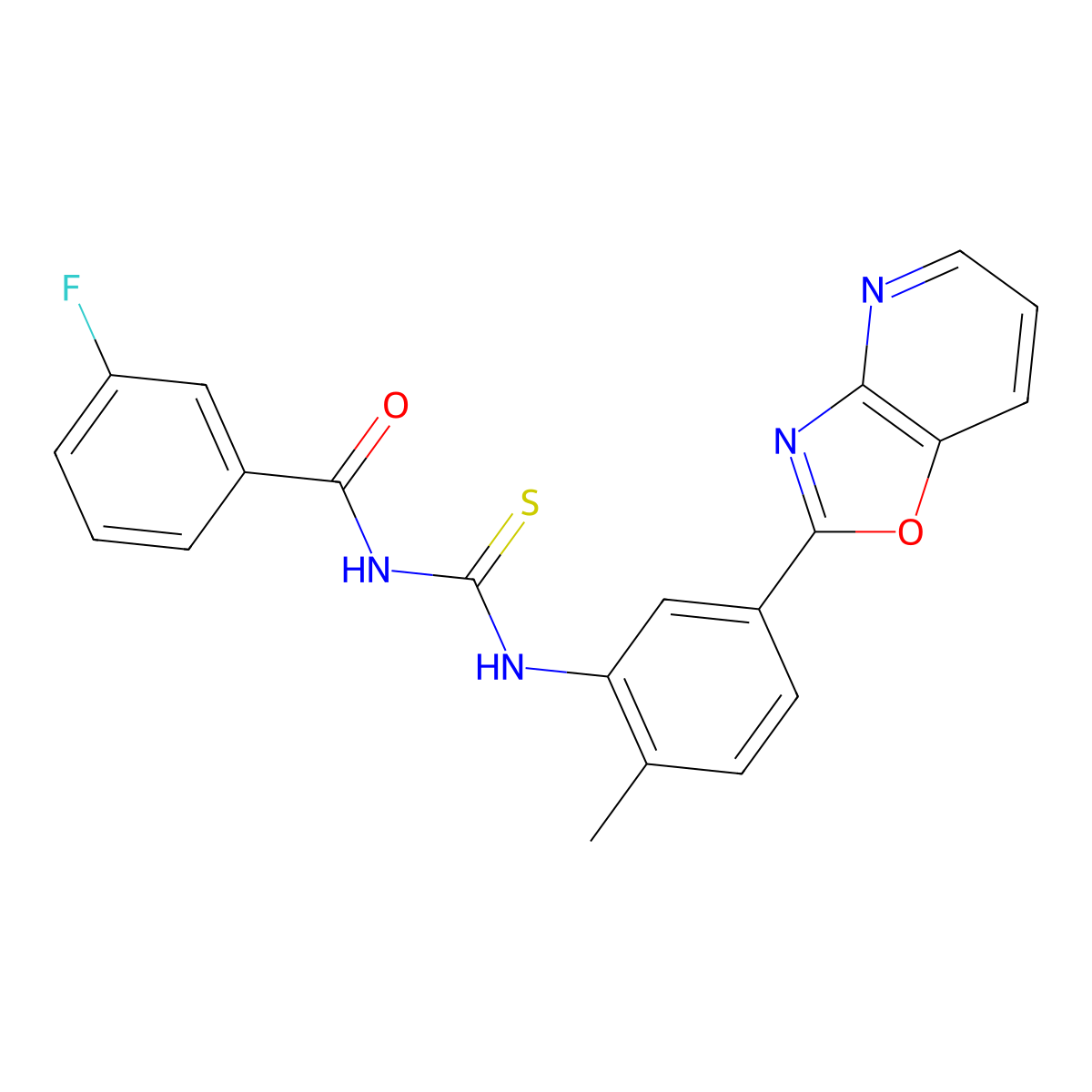 3-fluoro-N-[[2-methyl-5-([1,3]oxazolo[4,5-b]pyridin-2-yl)phenyl]carbamothioyl]benzamide molecular structure, CAS 380594-02-5