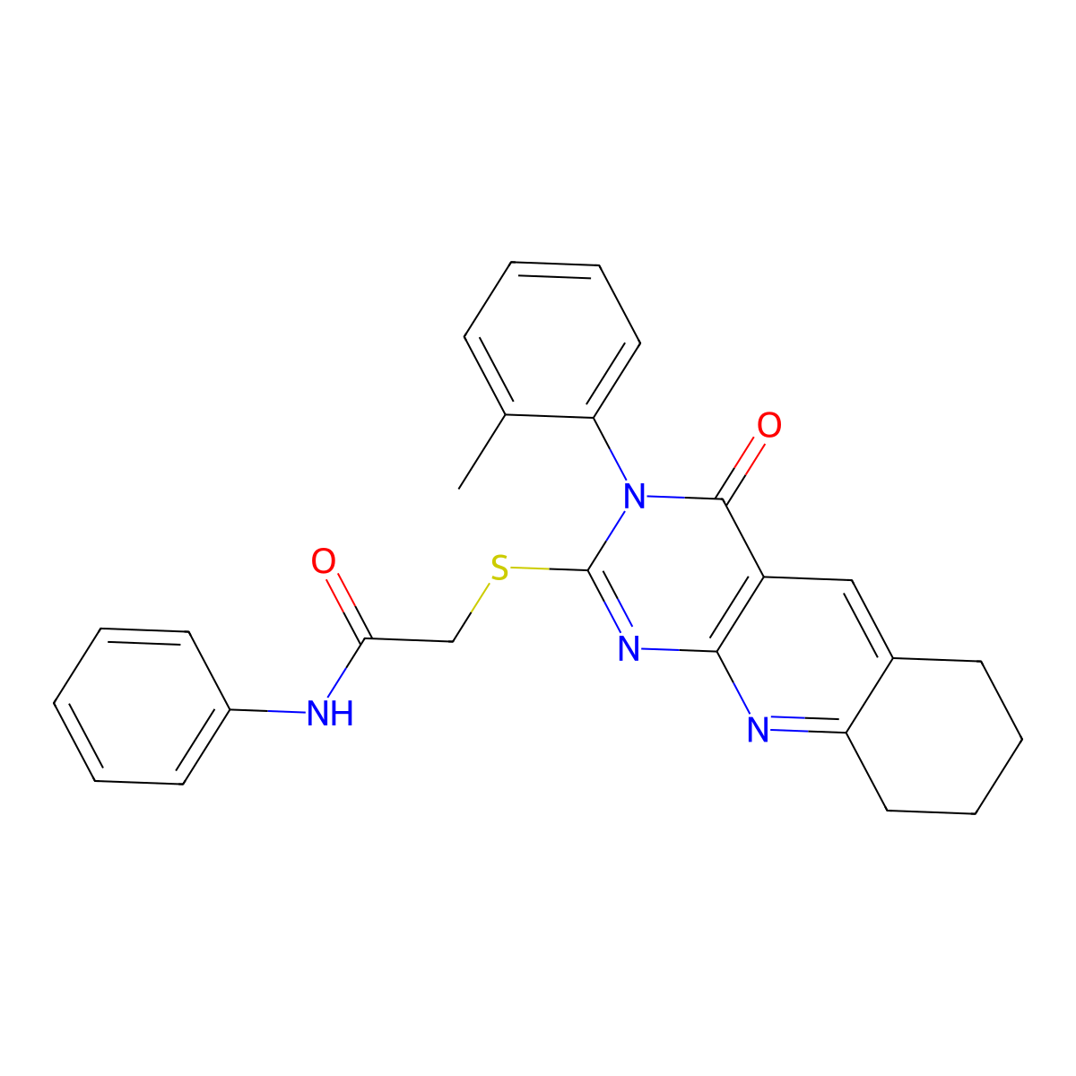 2-[[3-(2-methylphenyl)-4-oxo-6,7,8,9-tetrahydropyrimido[4,5-b]quinolin-2-yl]sulfanyl]-N-phenylacetamide molecular structure, CAS 380594-97-8