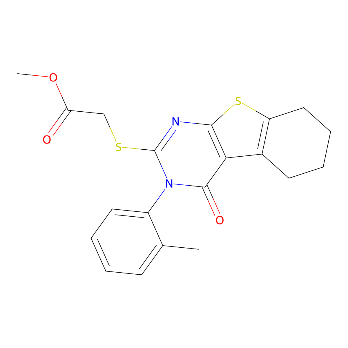 Methyl 2-[[3-(2-methylphenyl)-4-oxo-5,6,7,8-tetrahydro-[1]benzothiolo[2,3-d]pyrimidin-2-yl]sulfanyl]acetate molecular structure, CAS 380595-77-7