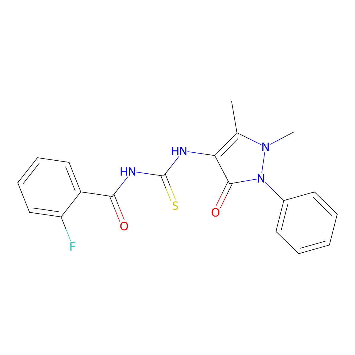 N-[(1,5-dimethyl-3-oxo-2-phenylpyrazol-4-yl)carbamothioyl]-2-fluorobenzamide molecular structure, CAS 380622-95-7