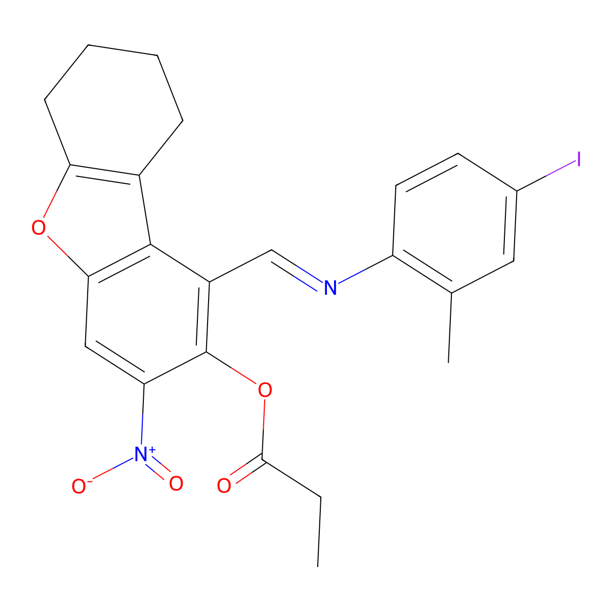 [1-[(4-Iodo-2-methylphenyl)iminomethyl]-3-nitro-6,7,8,9-tetrahydrodibenzofuran-2-yl] propanoate molecular structure, CAS 380640-19-7
