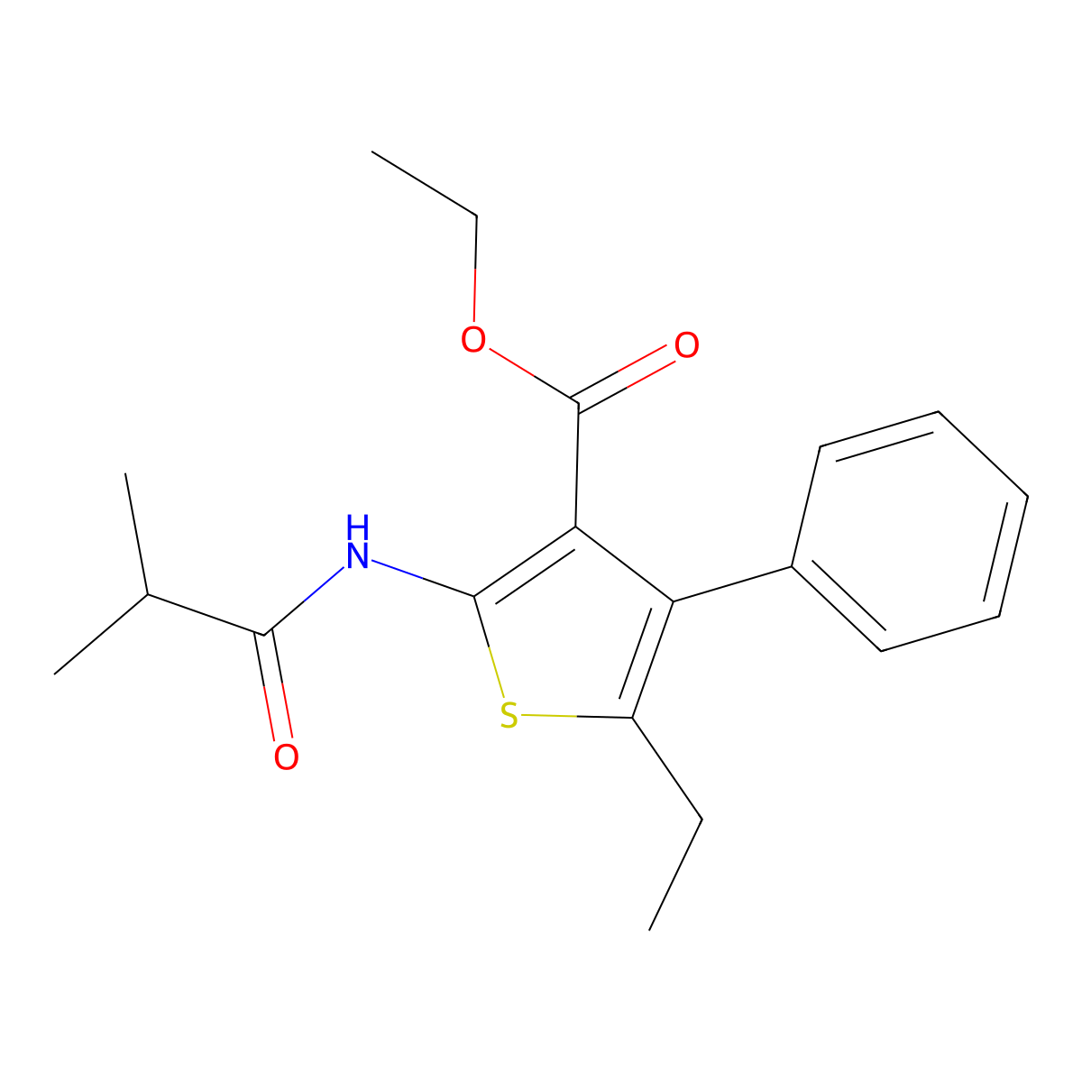 Ethyl 5-ethyl-2-(isobutyrylamino)-4-phenylthiophene-3-carboxylate molecular structure, CAS 380643-28-7