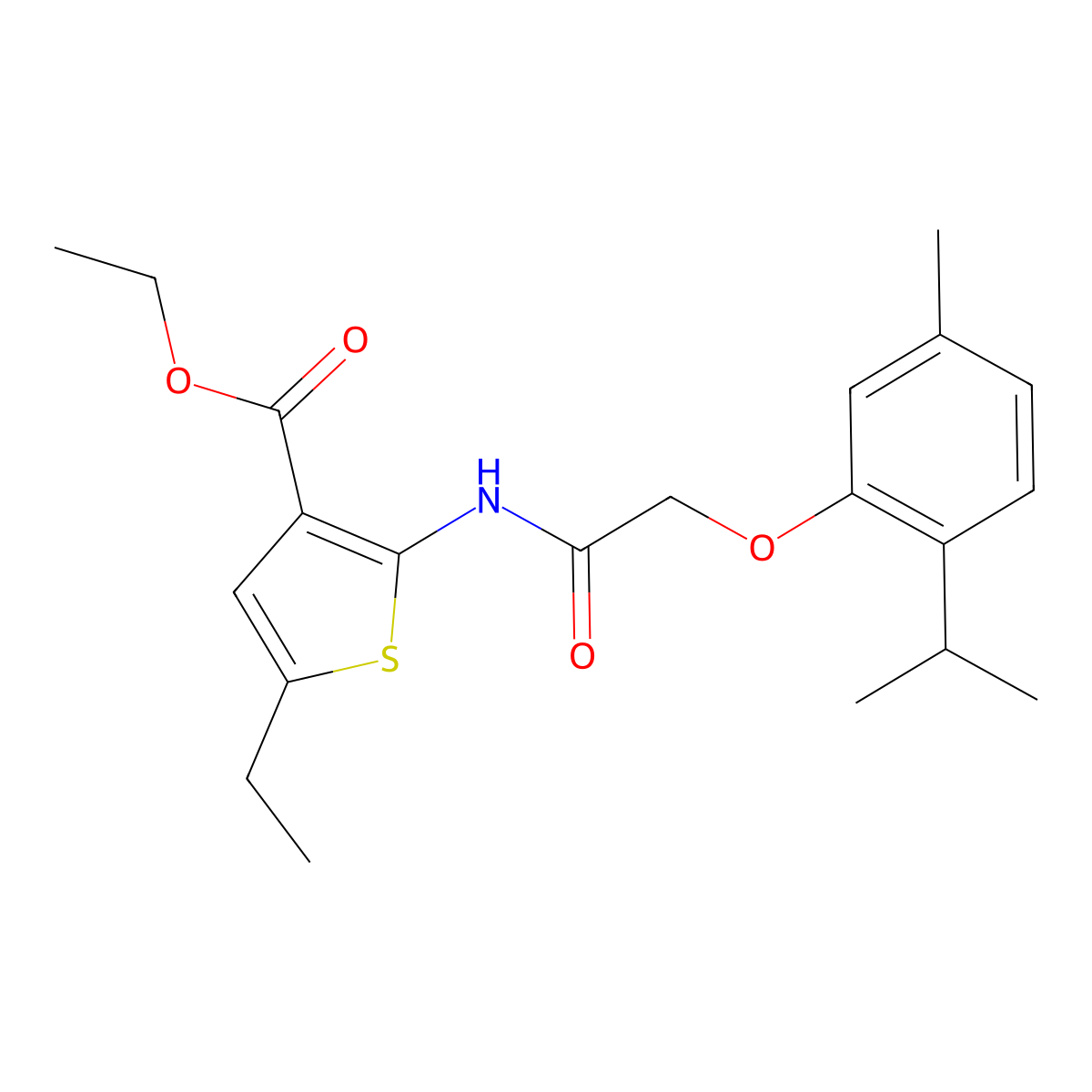 Ethyl 5-ethyl-2-{[(2-isopropyl-5-methylphenoxy)acetyl]amino}-3-thiophenecarboxylate molecular structure, CAS 380643-88-9