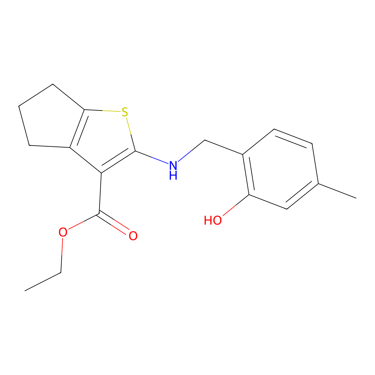 ethyl 2-[(2-hydroxy-4-methylphenyl)methylamino]-5,6-dihydro-4H-cyclopenta[b]thiophene-3-carboxylate molecular structure, CAS 380644-26-8