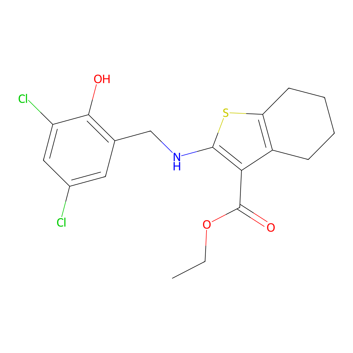Ethyl 2-[(3,5-dichloro-2-hydroxyphenyl)methylamino]-4,5,6,7-tetrahydro-1-benzothiophene-3-carboxylate molecular structure, CAS 380644-34-8