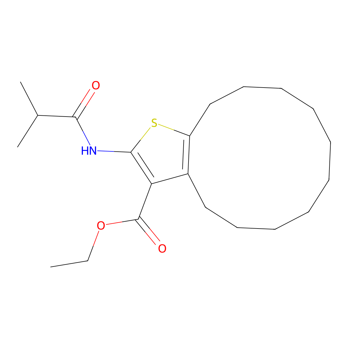 Ethyl 2-(2-methylpropanoylamino)-4,5,6,7,8,9,10,11,12,13-decahydrocyclododeca[b]thiophene-3-carboxylate molecular structure, CAS 380645-26-1
