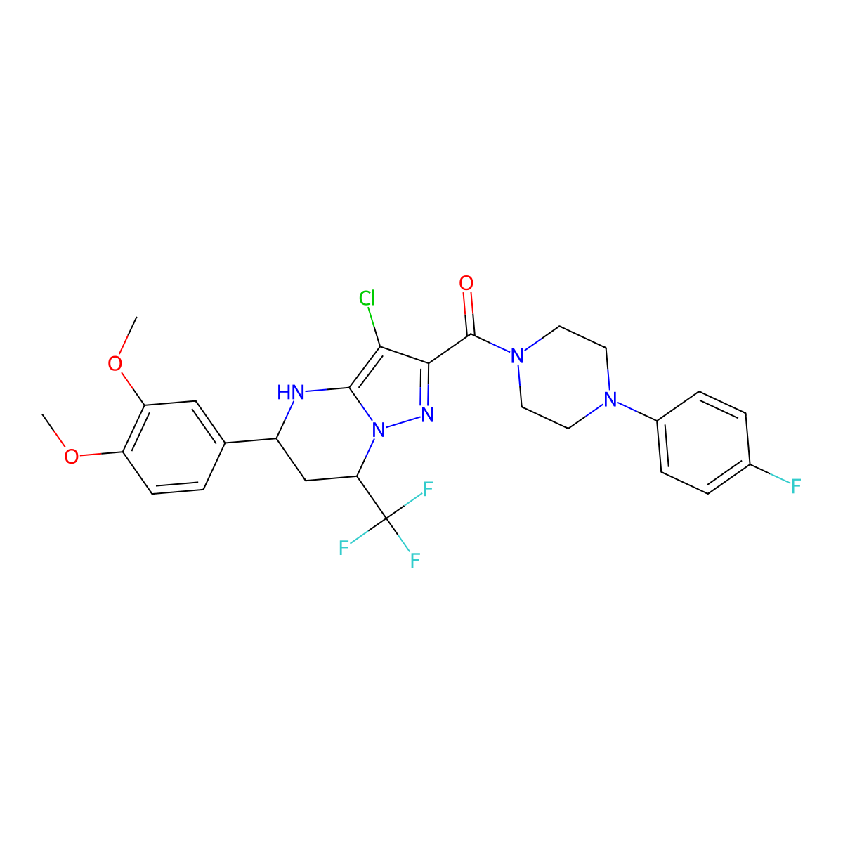 (3-Chloro-5-(3,4-dimethoxyphenyl)-7-(trifluoromethyl)-4,5,6,7-tetrahydropyrazolo[1,5-a]pyrimidin-2-yl)(4-(4-fluorophenyl)piperazin-1-yl)methanone molecular structure, CAS 380645-51-2
