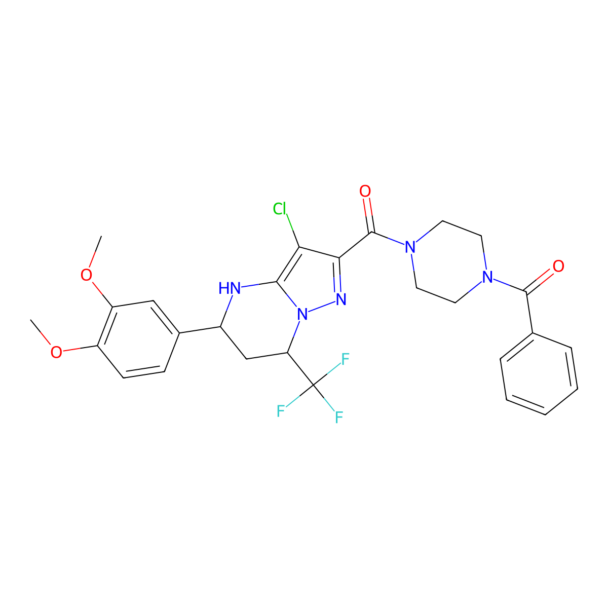 2-[(4-Benzoylpiperazin-1-yl)carbonyl]-3-chloro-5-(3,4-dimethoxyphenyl)-7-(trifluoromethyl)-4,5,6,7-tetrahydropyrazolo[1,5-a]pyrimidine molecular structure, CAS 380645-52-3