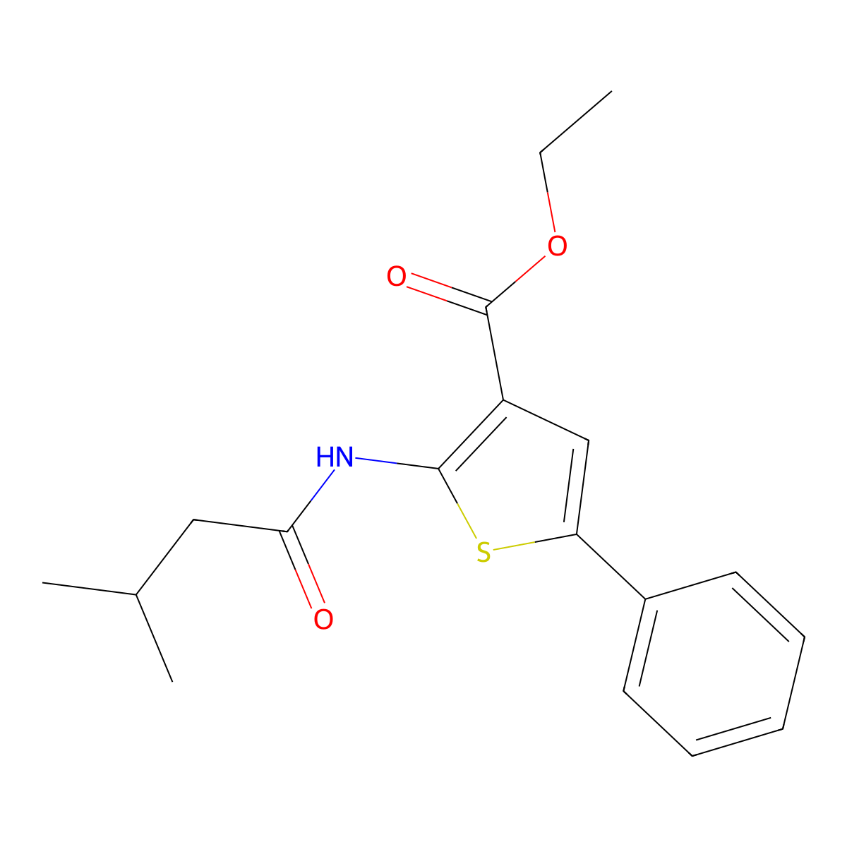 Ethyl 2-(3-methylbutanoylamino)-5-phenylthiophene-3-carboxylate molecular structure, CAS 380645-74-9