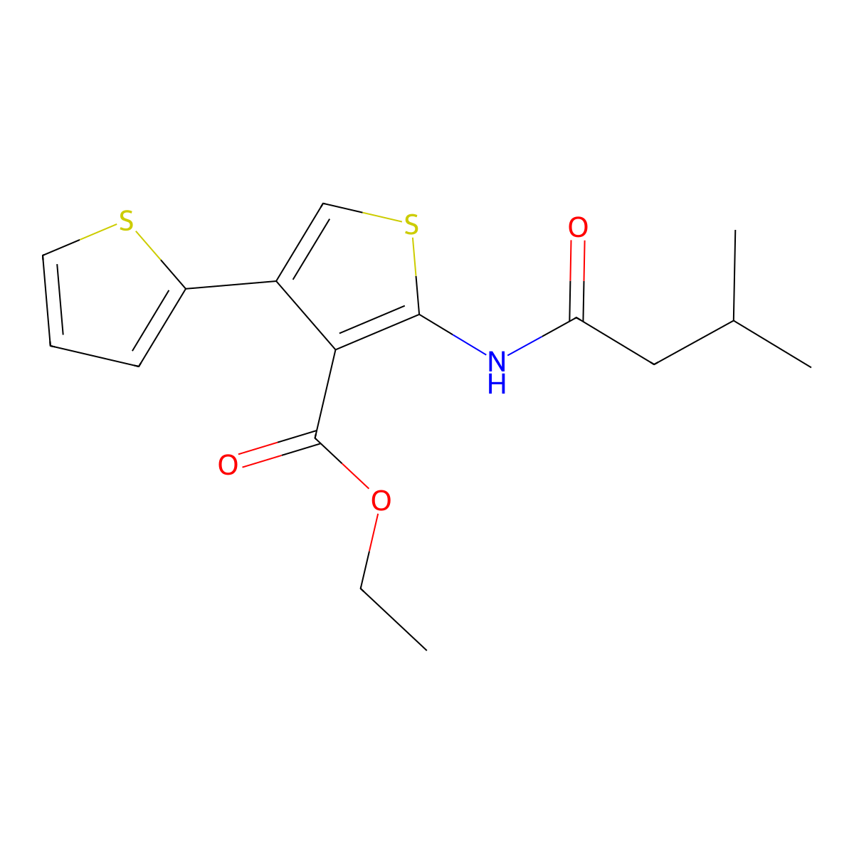 Ethyl 2-(3-methylbutanoylamino)-4-thiophen-2-ylthiophene-3-carboxylate molecular structure, CAS 380645-79-4