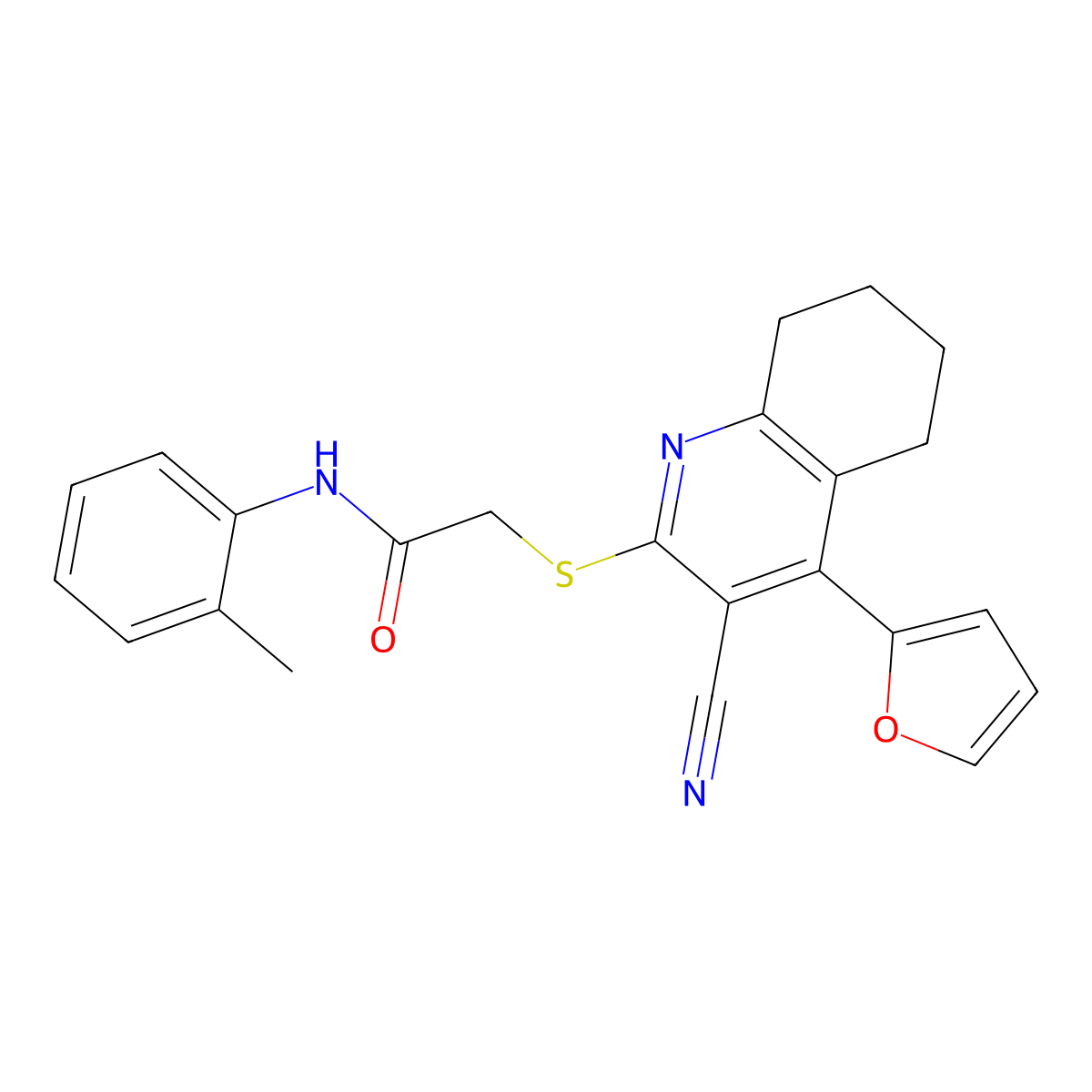 2-[[3-cyano-4-(2-furanyl)-5,6,7,8-tetrahydroquinolin-2-yl]thio]-N-(2-methylphenyl)acetamide molecular structure, CAS 380647-10-9