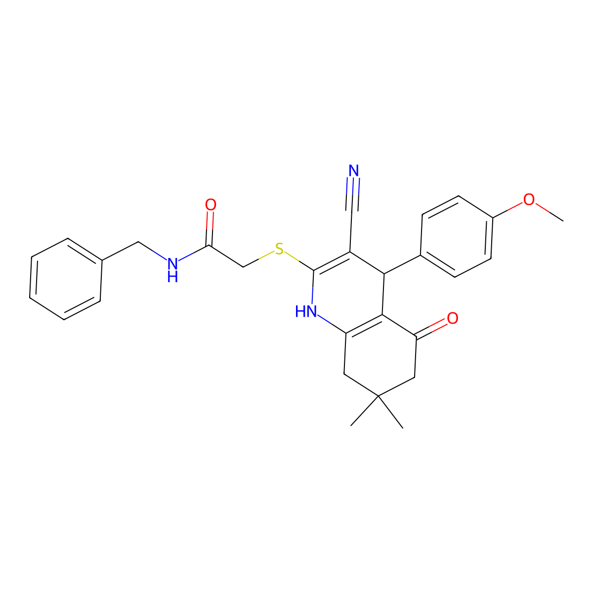 N-benzyl-2-[[3-cyano-4-(4-methoxyphenyl)-7,7-dimethyl-5-oxo-1,4,6,8-tetrahydroquinolin-2-yl]sulfanyl]acetamide molecular structure, CAS 380647-13-2