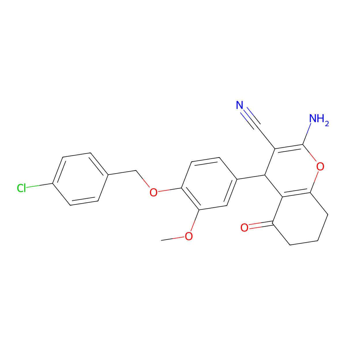 2-Amino-4-[4-[(4-chlorophenyl)methoxy]-3-methoxyphenyl]-5-oxo-4,6,7,8-tetrahydrochromene-3-carbonitrile molecular structure, CAS 380647-29-0