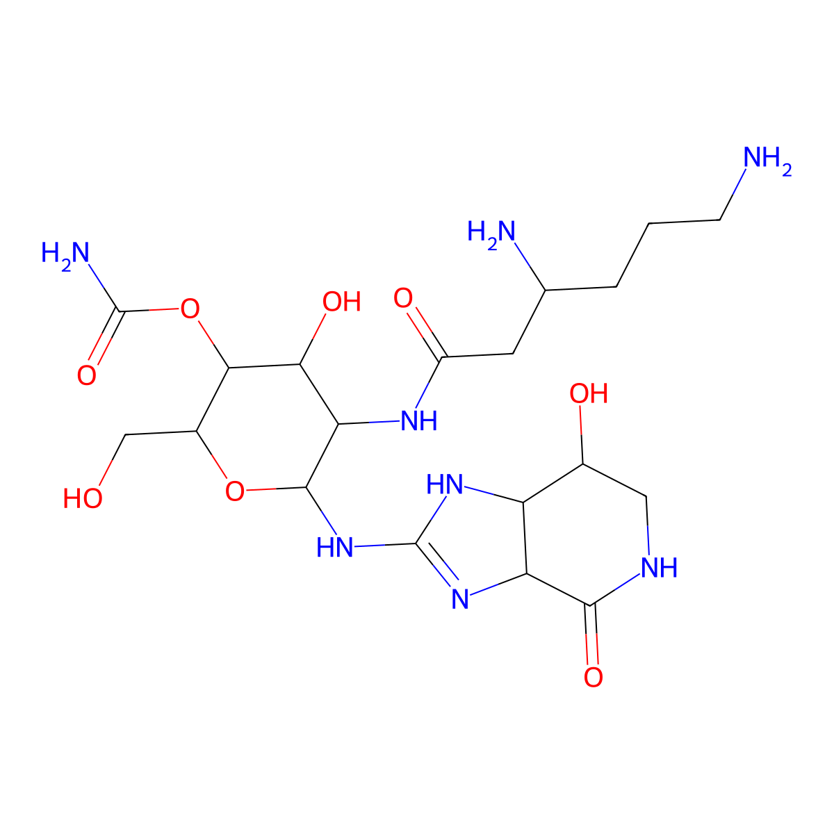 (3aS,7R,7aS)-2-((4-O-(Aminocarbonyl)-2-deoxy-2-(((3S)-3,6-diamino-1-oxohexyl)amino)-beta-D-gulopyranosyl)amino)-1,3a,5,6,7,7a-hexahydro-7-hydroxy-4H-imidazo(4,5-c)pyridin-4-one molecular structure, CAS 3808-42-2