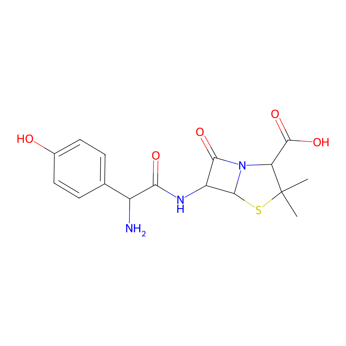 4-Thia-1-azabicyclo[3.2.0]heptane-2-carboxylic acid, 6-[[(2R)-2-amino-2-(4-hydroxyphenyl)acetyl]amino]-3,3-dimethyl-7-oxo-, (2S,5R,6R)- molecular structure, CAS 38083-36-2