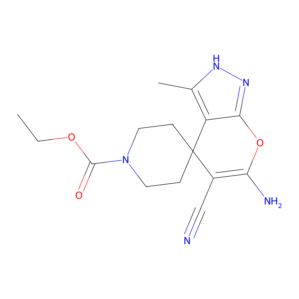6-Amino-5-cyano-3-methyl-2,4-dihydro-1'-ethylcarboxylspiro[pyrano[2,3-c]pyrazole-4,4'-piperidine] molecular structure, CAS 380842-01-3