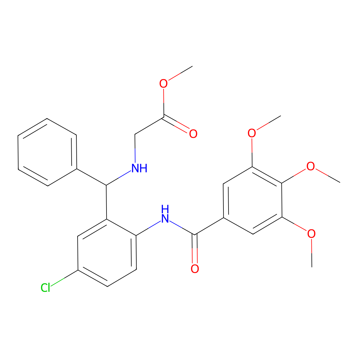 Methyl 2-(((5-chloro-2-(3,4,5-trimethoxybenzamido)phenyl)(phenyl)methyl)amino)acetate molecular structure, CAS 380866-83-1