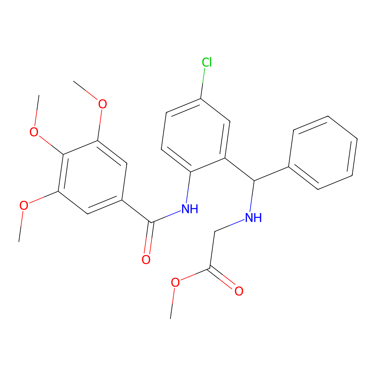 Methyl 2-(((5-chloro-2-(3,4,5-trimethoxybenzamido)phenyl)(phenyl)methyl)amino)acetate molecular structure, CAS 380866-83-1