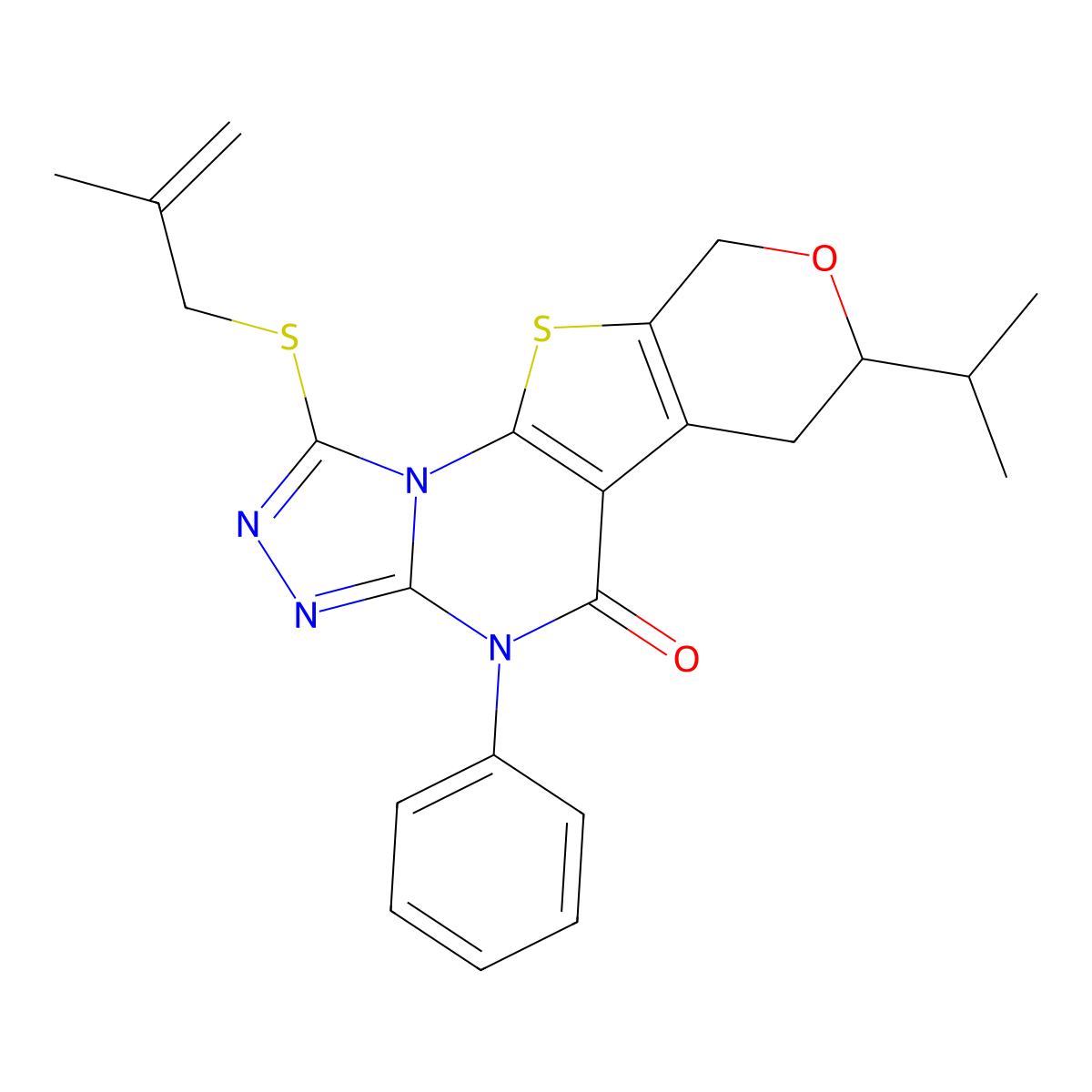 7-isopropyl-1-((2-methylallyl)thio)-4-phenyl-6,7-dihydro-4H-pyrano[4',3':4,5]thieno[3,2-e][1,2,4]triazolo[4,3-a]pyrimidin-5(9H)-one molecular structure, CAS 380870-85-9